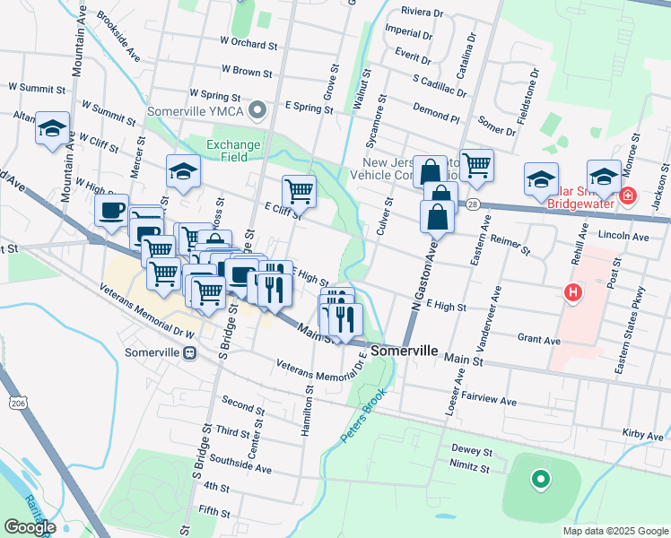 map of restaurants, bars, coffee shops, grocery stores, and more near 87 E High St in Somerville