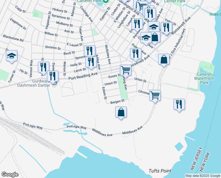 map of restaurants, bars, coffee shops, grocery stores, and more near 19 Warren Street in Carteret