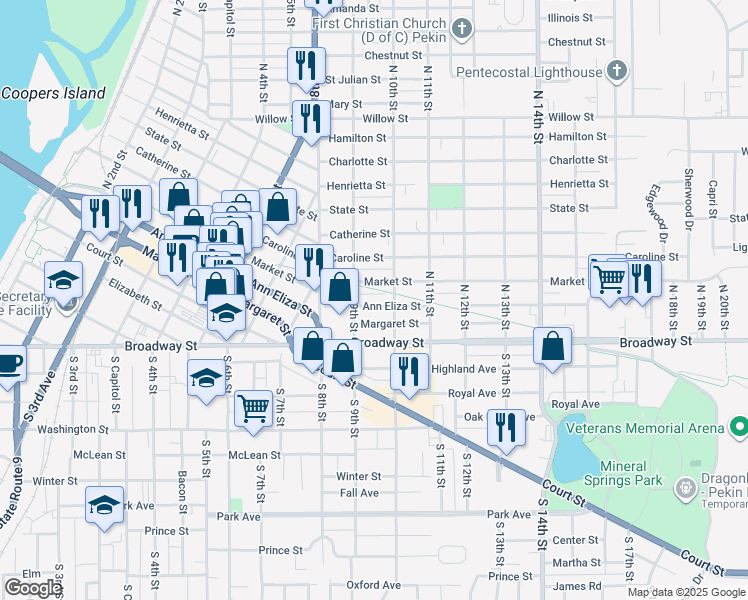 map of restaurants, bars, coffee shops, grocery stores, and more near 915 Ann Eliza Street in Pekin