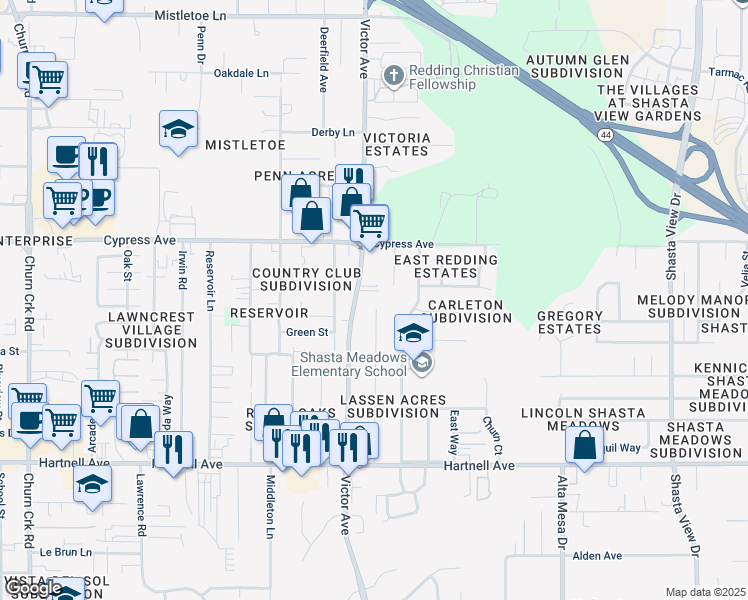 map of restaurants, bars, coffee shops, grocery stores, and more near 2615 Victor Avenue in Redding