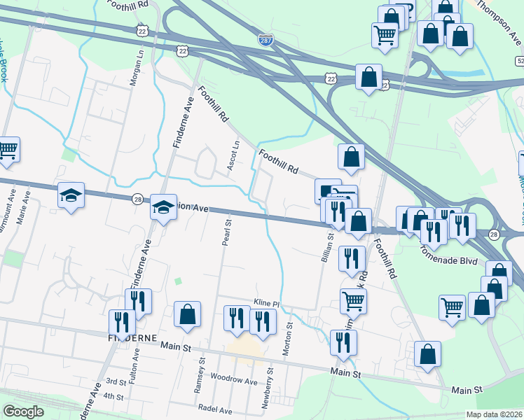 map of restaurants, bars, coffee shops, grocery stores, and more near 295 Yorktown Road in Bridgewater