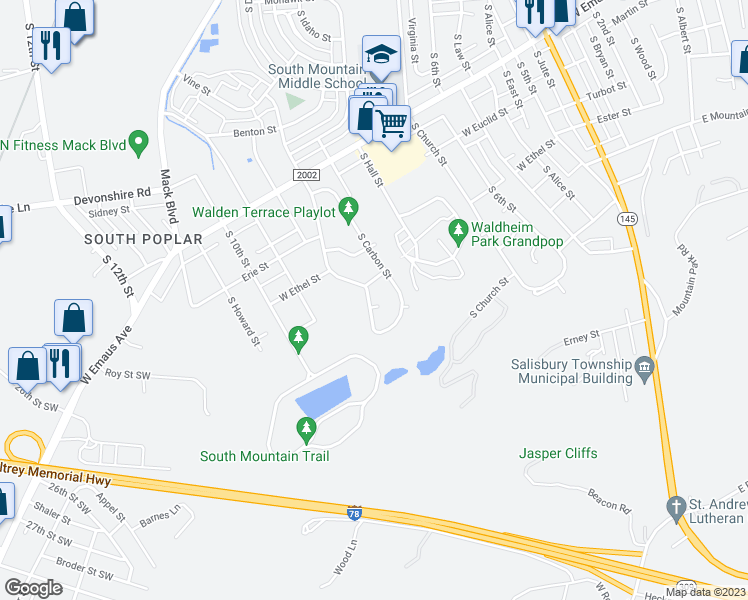 map of restaurants, bars, coffee shops, grocery stores, and more near 2509 South Lumber Street in Allentown
