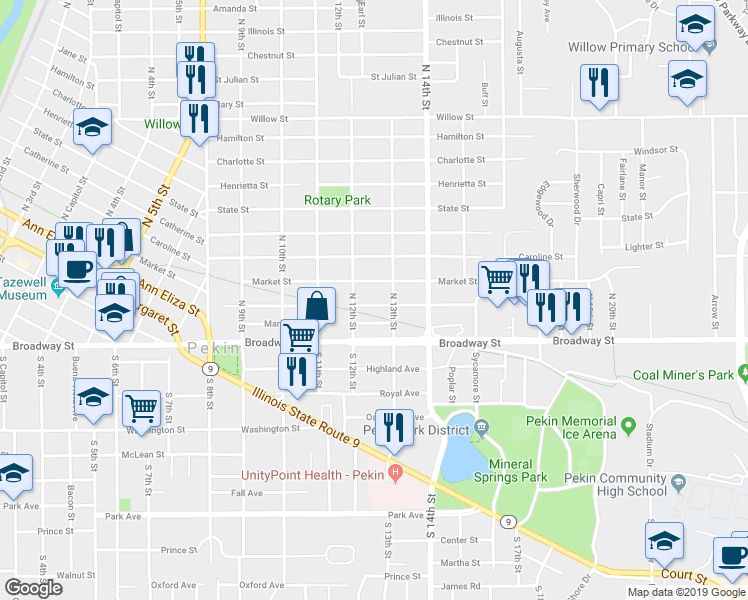 map of restaurants, bars, coffee shops, grocery stores, and more near 1211 Ann Eliza Street in Pekin