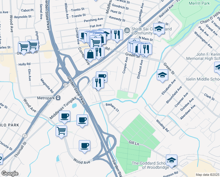 map of restaurants, bars, coffee shops, grocery stores, and more near 60 North Juliet Street in Woodbridge Township