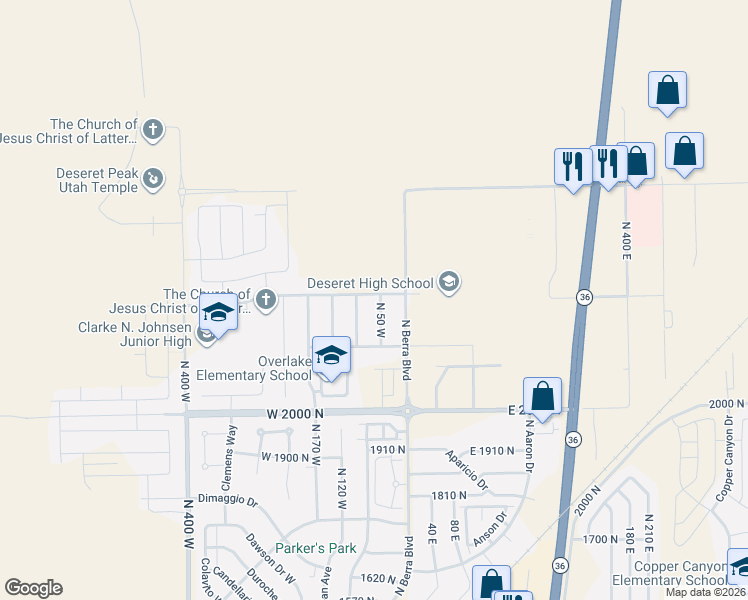 map of restaurants, bars, coffee shops, grocery stores, and more near 2176 North 90 West in Tooele