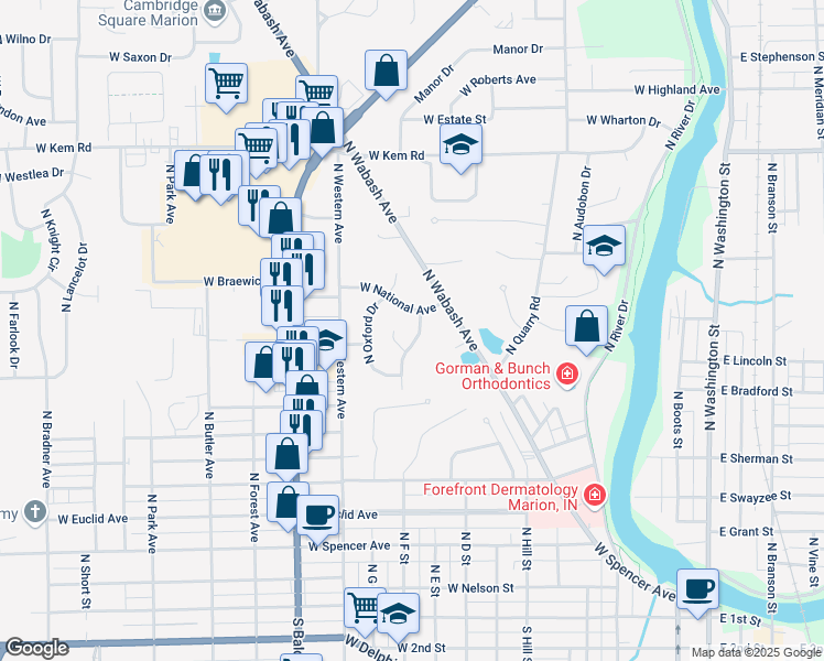 map of restaurants, bars, coffee shops, grocery stores, and more near 907 North Fenton Road in Marion