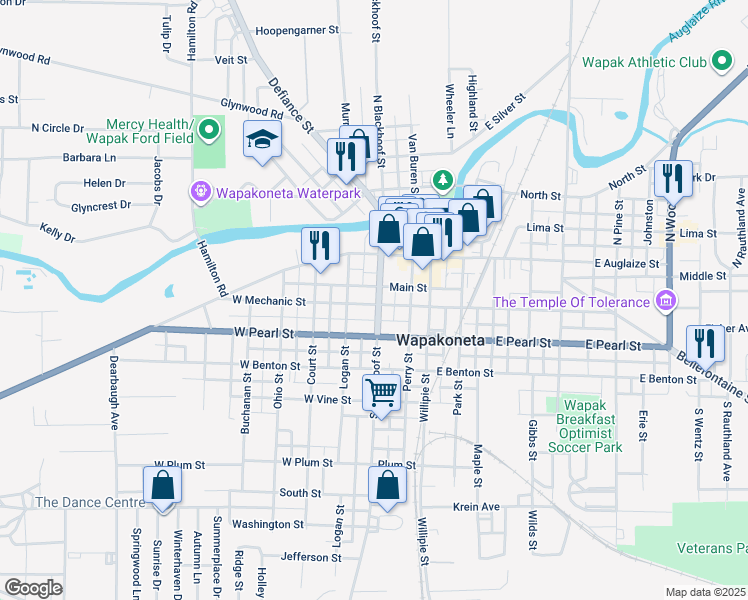 map of restaurants, bars, coffee shops, grocery stores, and more near 111 South Blackhoof Street in Wapakoneta