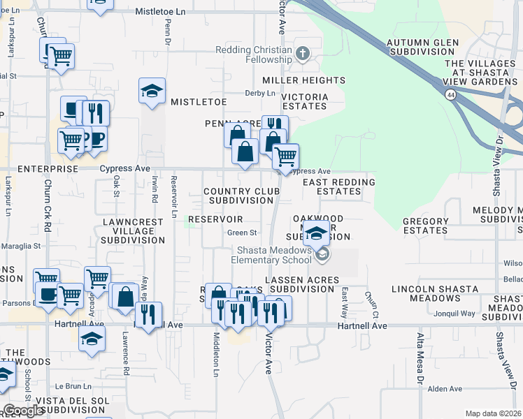 map of restaurants, bars, coffee shops, grocery stores, and more near 2601 Bunker Street in Redding