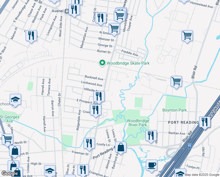 map of restaurants, bars, coffee shops, grocery stores, and more near 1807 Duke Drive in Woodbridge Township