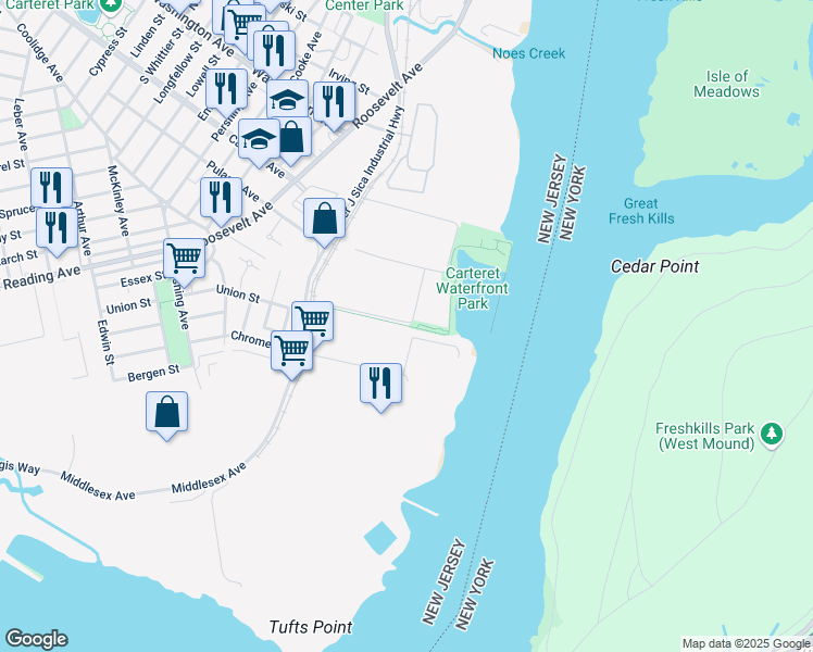 map of restaurants, bars, coffee shops, grocery stores, and more near Waterfront Fitness Trail in Carteret