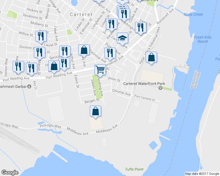 map of restaurants, bars, coffee shops, grocery stores, and more near 7 Hudson Street in Carteret