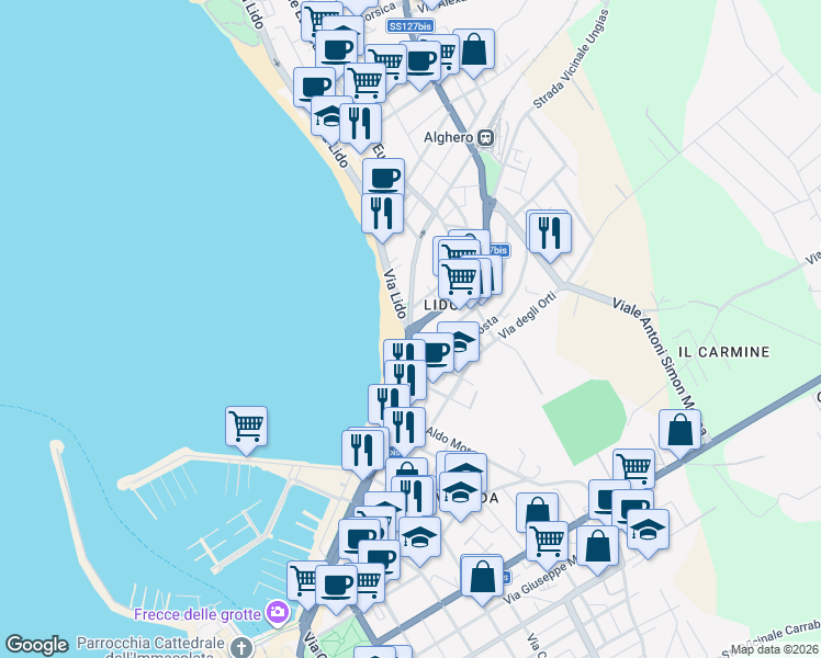 map of restaurants, bars, coffee shops, grocery stores, and more near 115 Via Giuseppe Garibaldi in Alghero