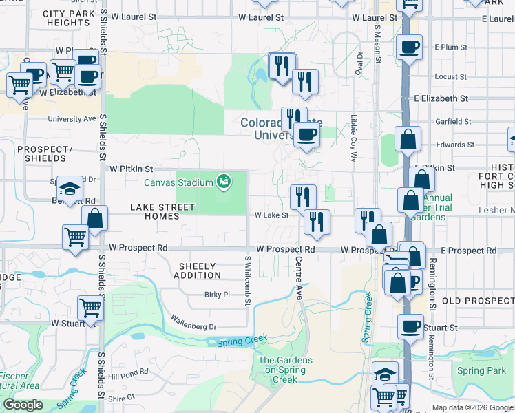 map of restaurants, bars, coffee shops, grocery stores, and more near 522 West Lake Street in Fort Collins