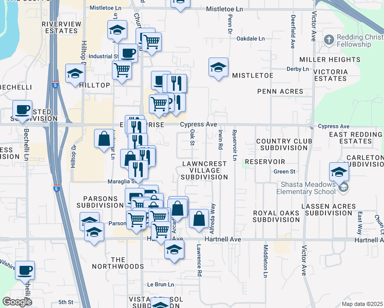 map of restaurants, bars, coffee shops, grocery stores, and more near 1221 East Cypress Avenue in Redding