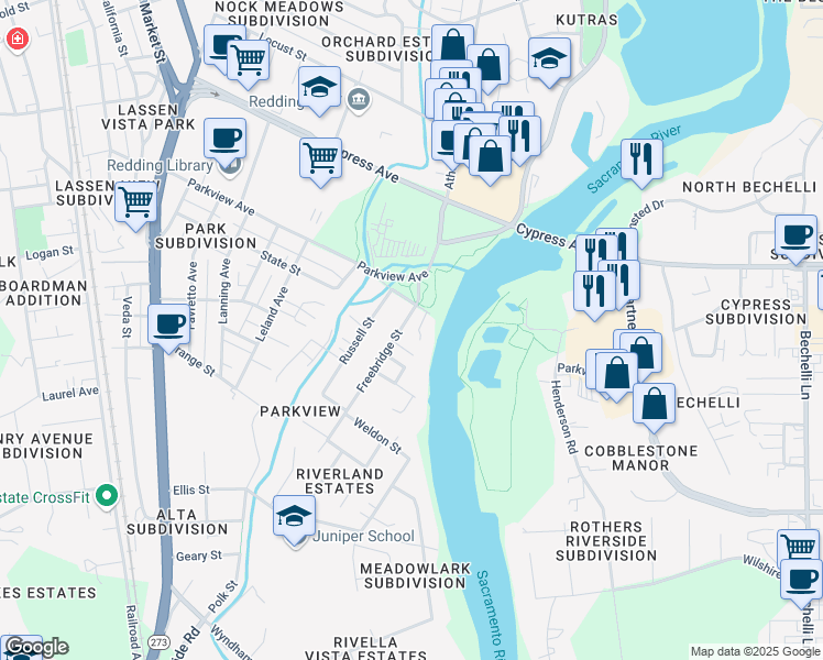 map of restaurants, bars, coffee shops, grocery stores, and more near 2535 Freebridge Street in Redding
