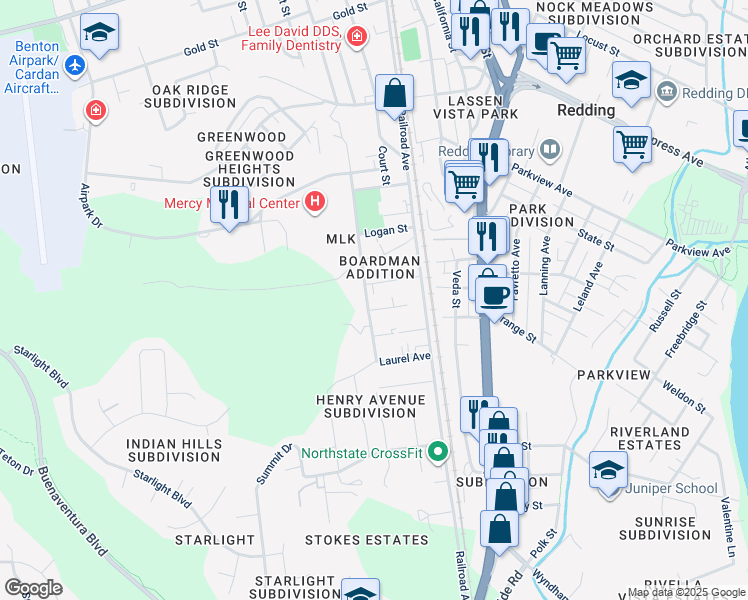 map of restaurants, bars, coffee shops, grocery stores, and more near 1848 Roanoke Avenue in Redding