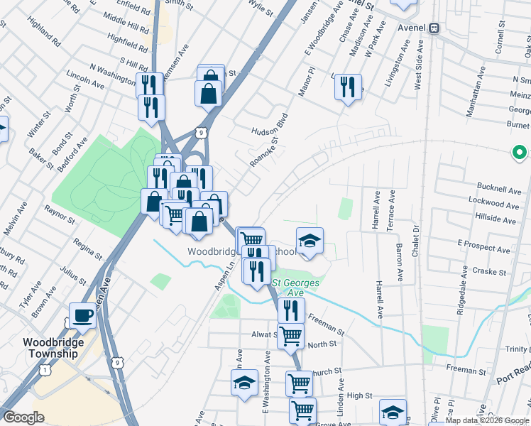 map of restaurants, bars, coffee shops, grocery stores, and more near 24 Walter Drive in Woodbridge Township