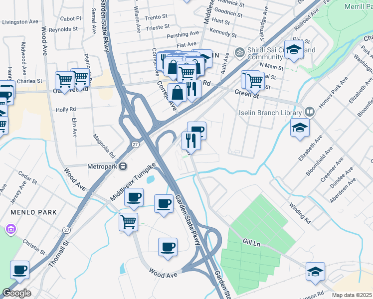 map of restaurants, bars, coffee shops, grocery stores, and more near 37 Gill Lane in Woodbridge Township