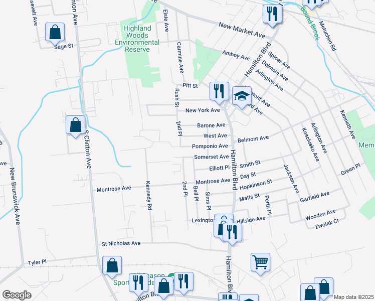 map of restaurants, bars, coffee shops, grocery stores, and more near 160 Somerset Avenue in South Plainfield