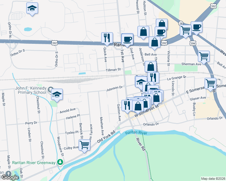 map of restaurants, bars, coffee shops, grocery stores, and more near 50 Gaston Avenue in Raritan