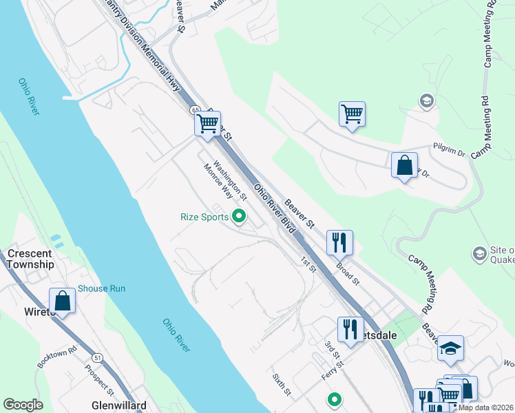 map of restaurants, bars, coffee shops, grocery stores, and more near 480 Washington Street in Leetsdale