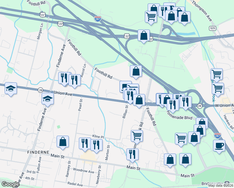 map of restaurants, bars, coffee shops, grocery stores, and more near 306 Acorn Drive in Bridgewater Township