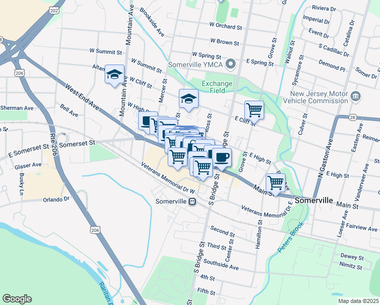 map of restaurants, bars, coffee shops, grocery stores, and more near 82 West Main Street in Somerville