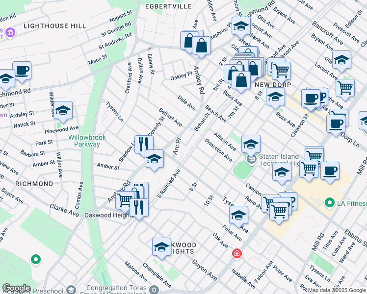 map of restaurants, bars, coffee shops, grocery stores, and more near 20 Francine Court in Staten Island