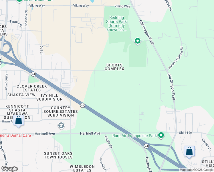 map of restaurants, bars, coffee shops, grocery stores, and more near 3307 Tarmac Road in Redding