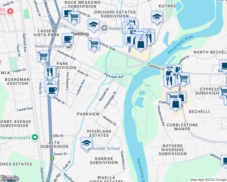 map of restaurants, bars, coffee shops, grocery stores, and more near 2556 Freebridge Street in Redding