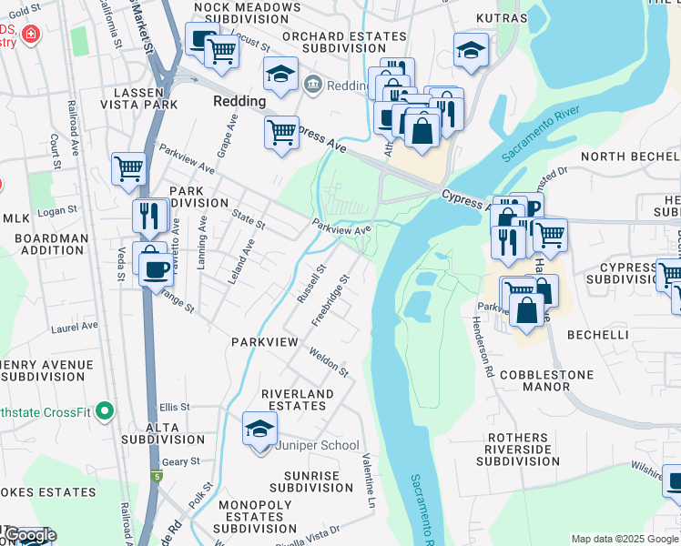 map of restaurants, bars, coffee shops, grocery stores, and more near 2566 Freebridge Street in Redding