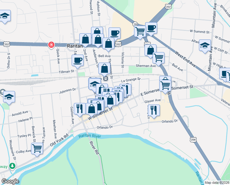 map of restaurants, bars, coffee shops, grocery stores, and more near in Raritan
