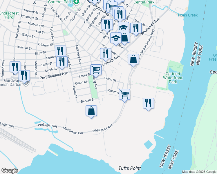 map of restaurants, bars, coffee shops, grocery stores, and more near 50 Chrome Avenue in Carteret
