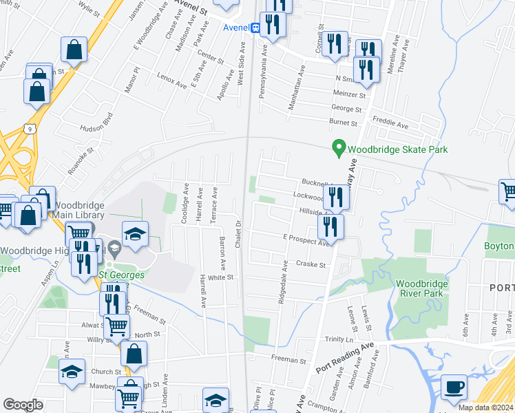 map of restaurants, bars, coffee shops, grocery stores, and more near 175 Hillside Avenue in Woodbridge Township