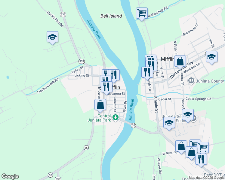 map of restaurants, bars, coffee shops, grocery stores, and more near in Mifflin