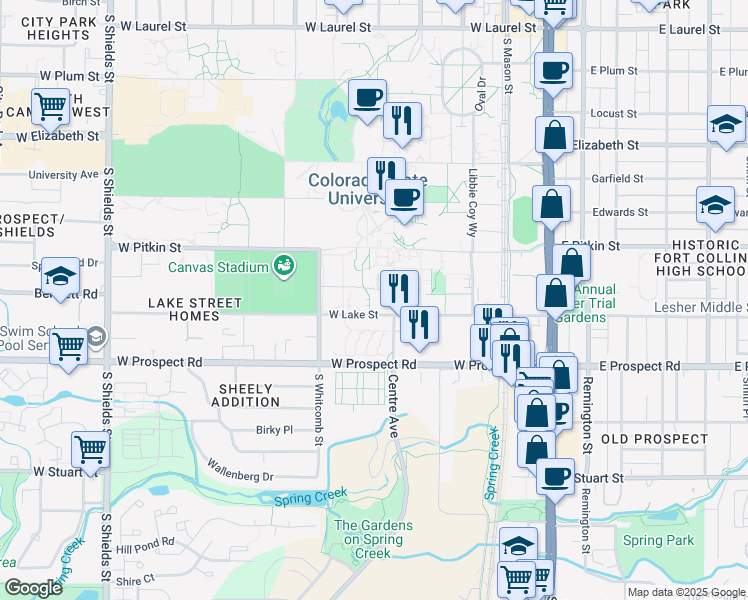 map of restaurants, bars, coffee shops, grocery stores, and more near 522 West Lake Street in Fort Collins