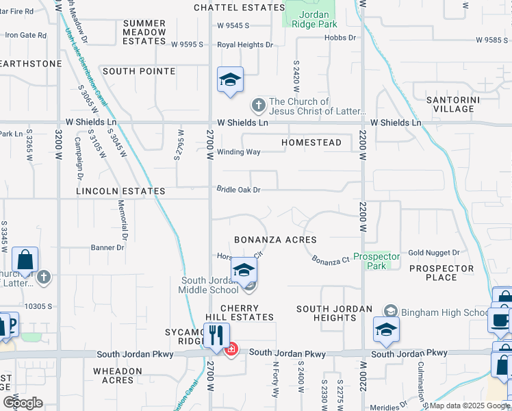 map of restaurants, bars, coffee shops, grocery stores, and more near 2566 Horseshoe Circle in South Jordan
