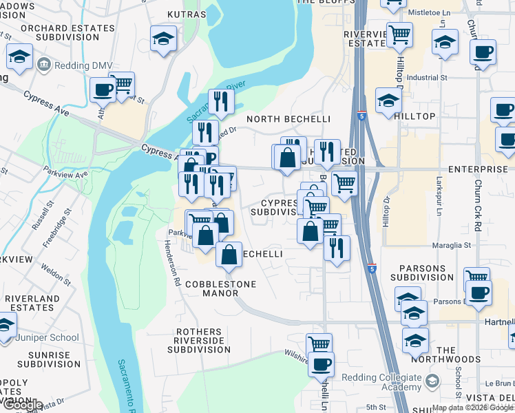 map of restaurants, bars, coffee shops, grocery stores, and more near 36 Leila Avenue in Redding