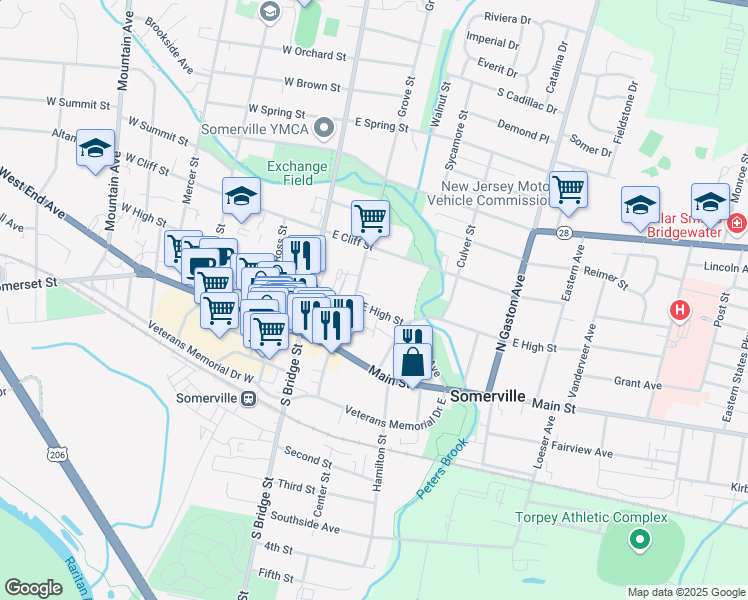 map of restaurants, bars, coffee shops, grocery stores, and more near 55 E High St in Somerville