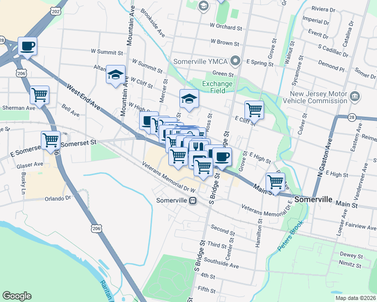 map of restaurants, bars, coffee shops, grocery stores, and more near 87 West Main Street in Somerville