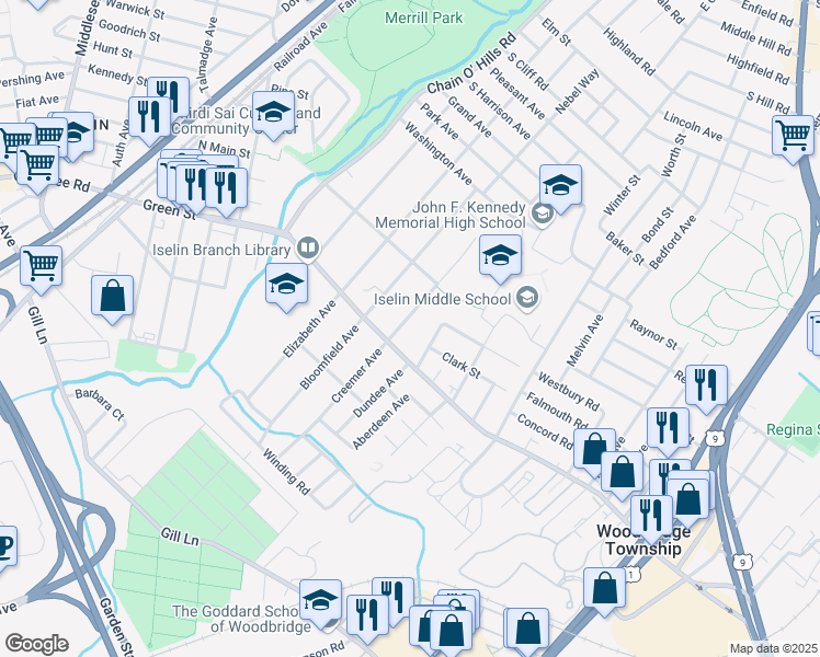 map of restaurants, bars, coffee shops, grocery stores, and more near 117 Creemer Avenue in Woodbridge Township