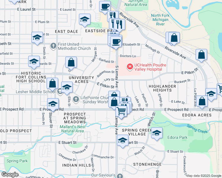 map of restaurants, bars, coffee shops, grocery stores, and more near 1128 East Lake Place in Fort Collins