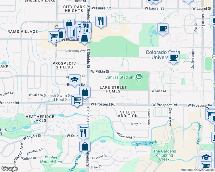 map of restaurants, bars, coffee shops, grocery stores, and more near 914 West Lake Street in Fort Collins