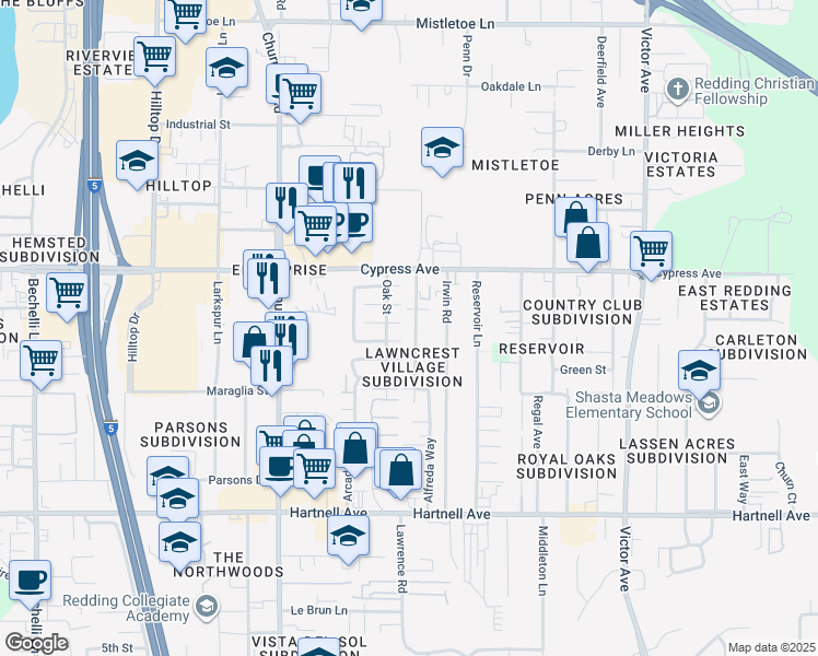 map of restaurants, bars, coffee shops, grocery stores, and more near 2645 Alfreda Way in Redding