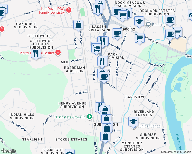 map of restaurants, bars, coffee shops, grocery stores, and more near 3050 Veda Street in Redding