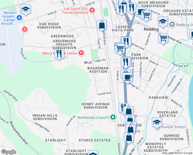 map of restaurants, bars, coffee shops, grocery stores, and more near 1848 Roanoke Avenue in Redding
