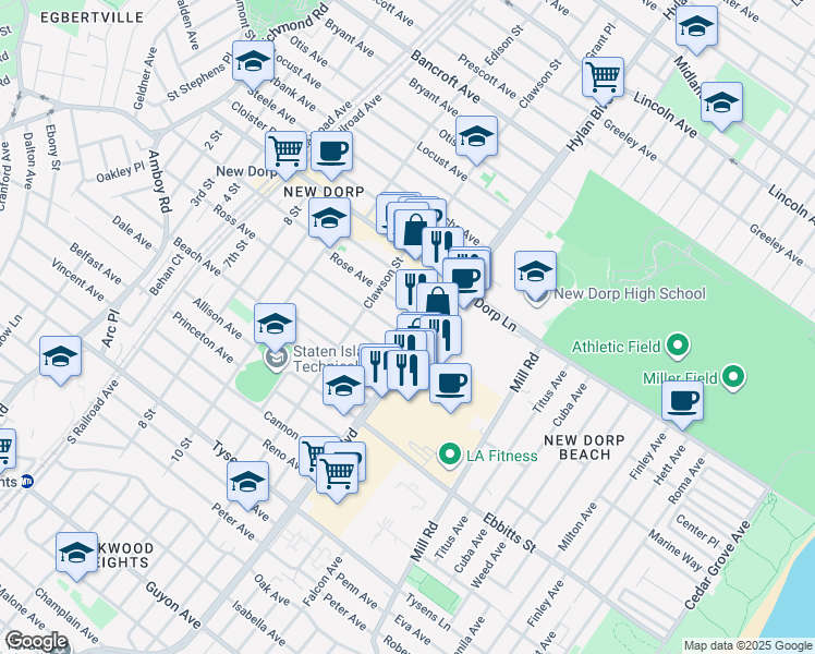 map of restaurants, bars, coffee shops, grocery stores, and more near 376 Ross Avenue in Staten Island