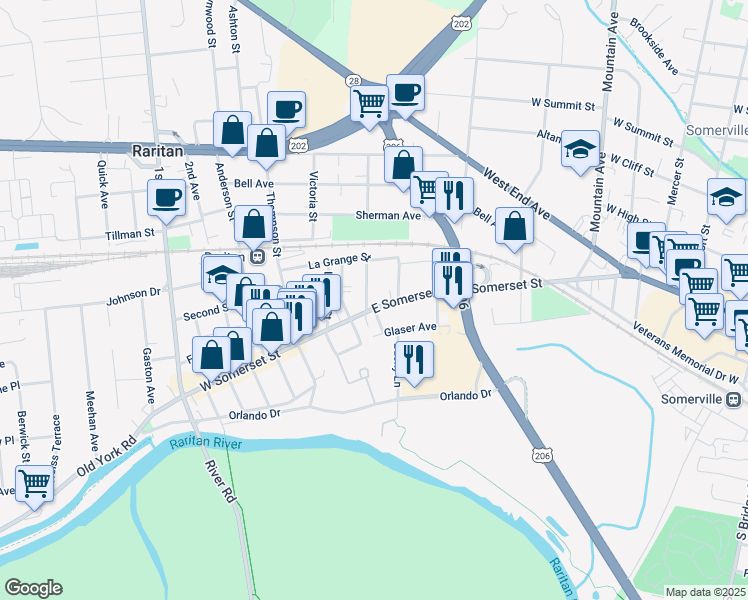 map of restaurants, bars, coffee shops, grocery stores, and more near in Raritan