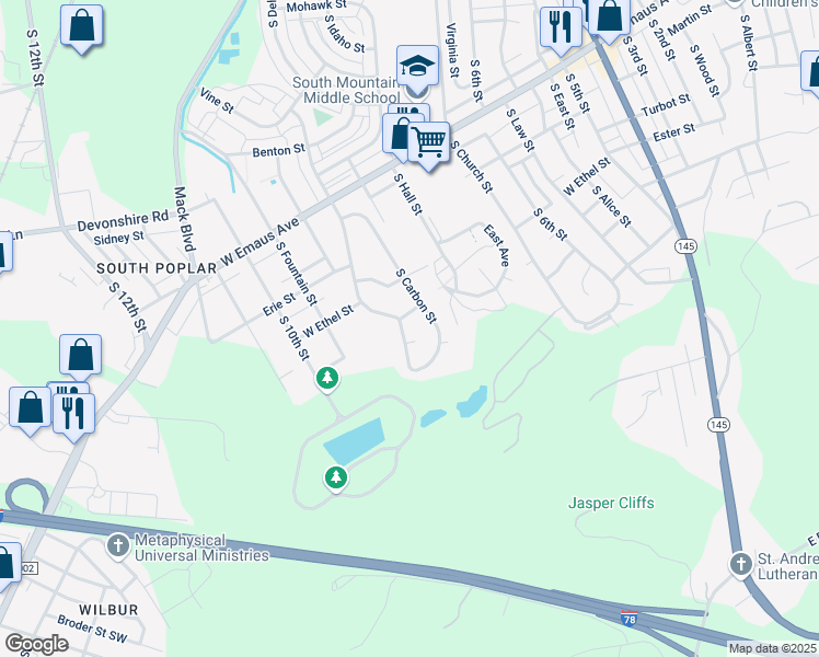 map of restaurants, bars, coffee shops, grocery stores, and more near 2510 South Lumber Street in Allentown