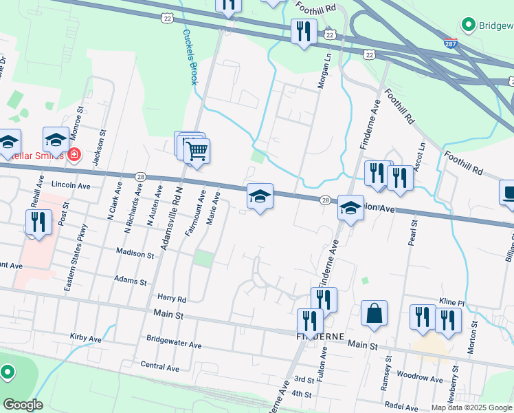 map of restaurants, bars, coffee shops, grocery stores, and more near 400 Union Avenue in Bridgewater